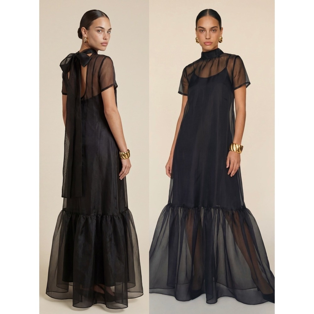 NWT CAARA Melody Organza Tie Neck Tiered Hem Dress in Black - Size Small